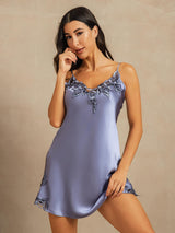 [Teräksensininen] SilkSilky-FI Spaghetti Strap V Neck Yöpaita 001