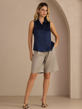 [Tummansininen] SilkSilky-FI Sleeveless Lapel Collar Naisten paita 007