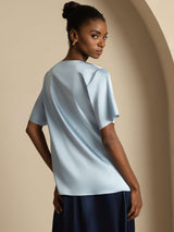 [Harmaansininen] SilkSilky-FI Short Sleeve Cowl Neck Naisten Puserot 002