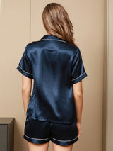 [Tummansininen] SilkSilky-FI Short Sleeve Notkokaulus Naisten Pyjamat 002