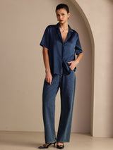 [Tummansininen] SilkSilky-FI Short Sleeve Notkokaulus Naisten paita 007