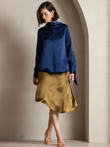 [Tummansininen] SilkSilky-FI Long Sleeve Tie Neck Pusero 003