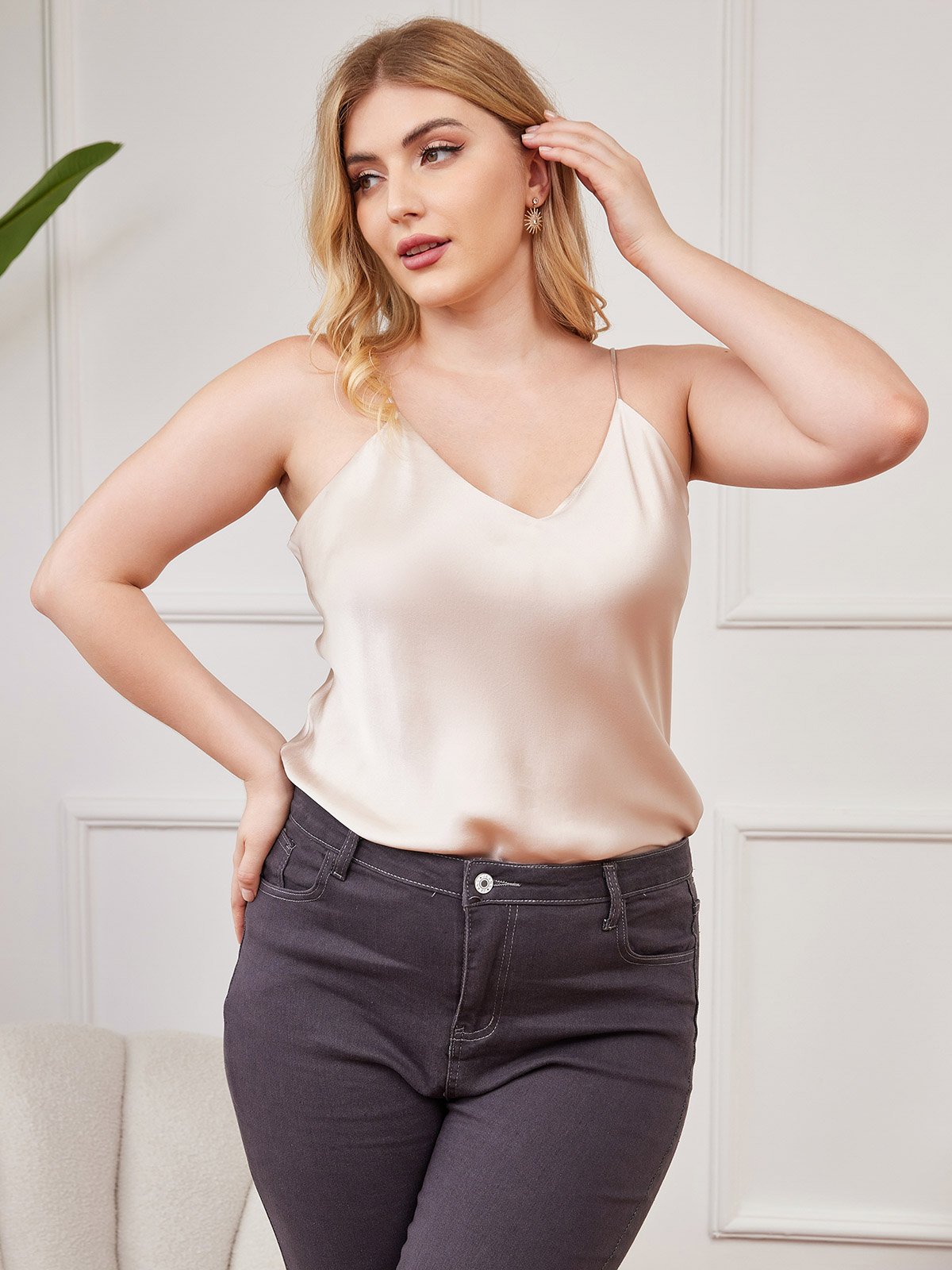 [Beige] SilkSilky-FI Pure Silk Deep V Neck Plus-koon Camisole Top 003