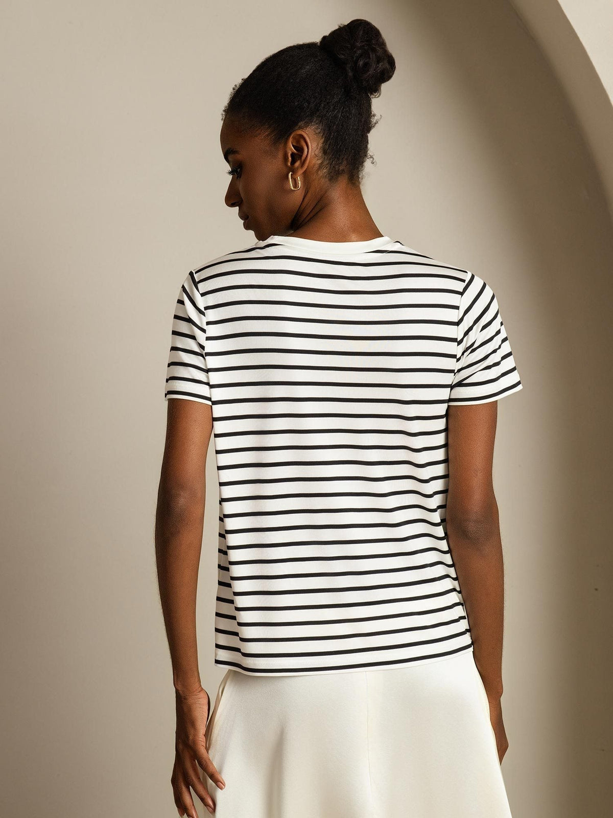 [Valkoinen Raita] SilkSilky-FI Short Sleeve Crew Neck Naisten T-paita 002