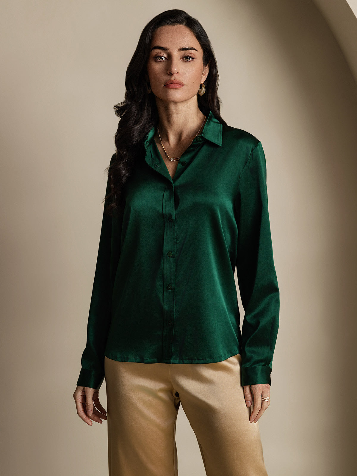 [Tummanvihreä] SilkSilky-FI 19Momme Silk Long Sleeve Collar Naisten paita 004
