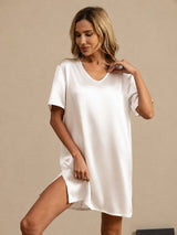 [Valkoinen] SilkSilky-FI Half Sleeve V Neck Yöpaita 003