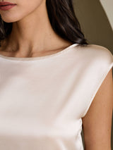 [Beige] SilkSilky-FI Cap Sleeve Round Neck Naisten T-paita 004