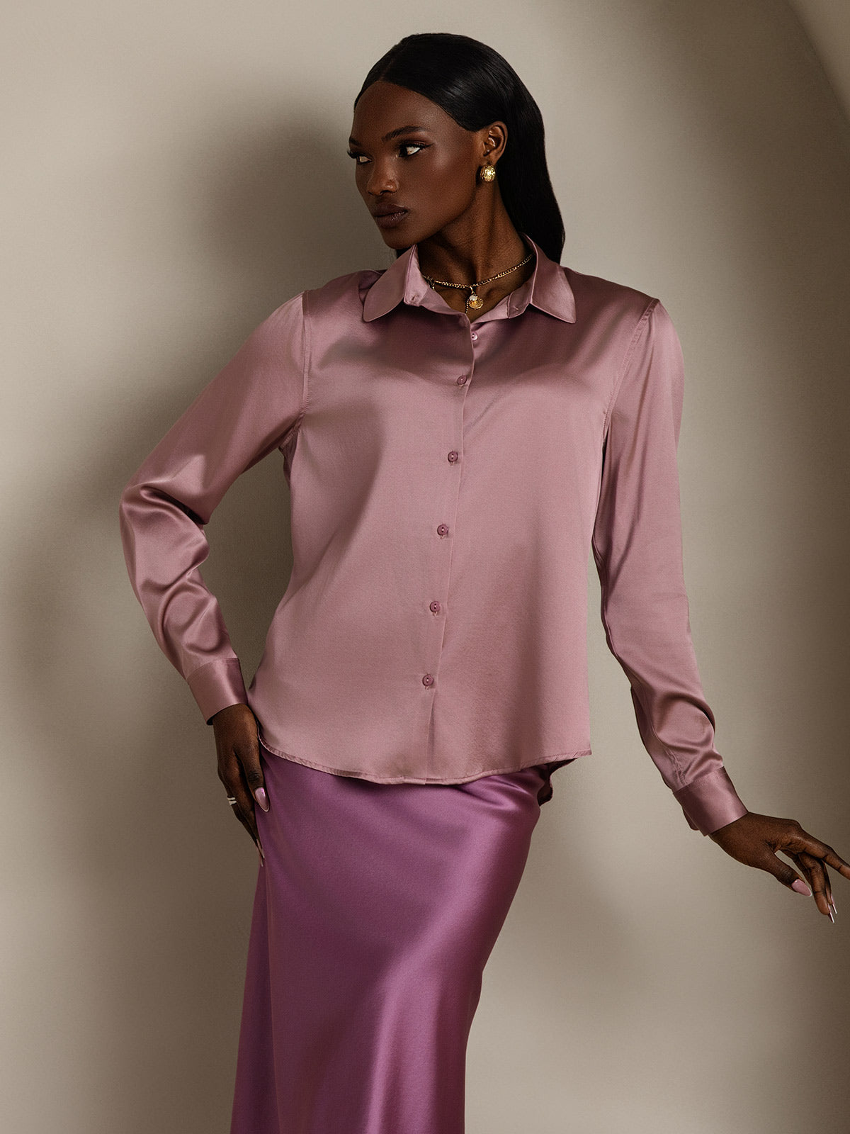 [Vaalean Mauve] SilkSilky-FI Lapel Collar Naisten paita 004