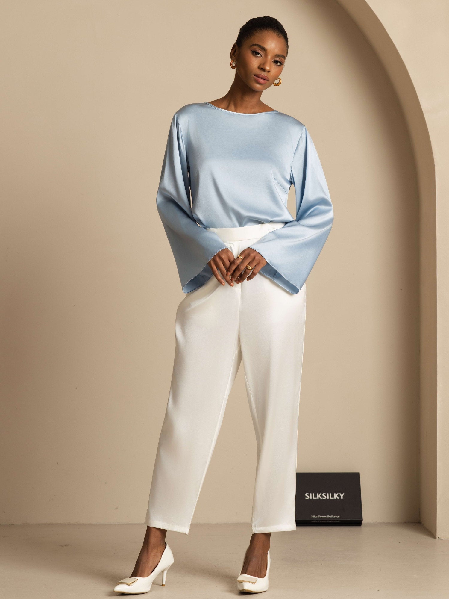 [Harmaansininen] SilkSilky-FI 19Momme Pitkähihainen Venekaula-aukko Pusero 008