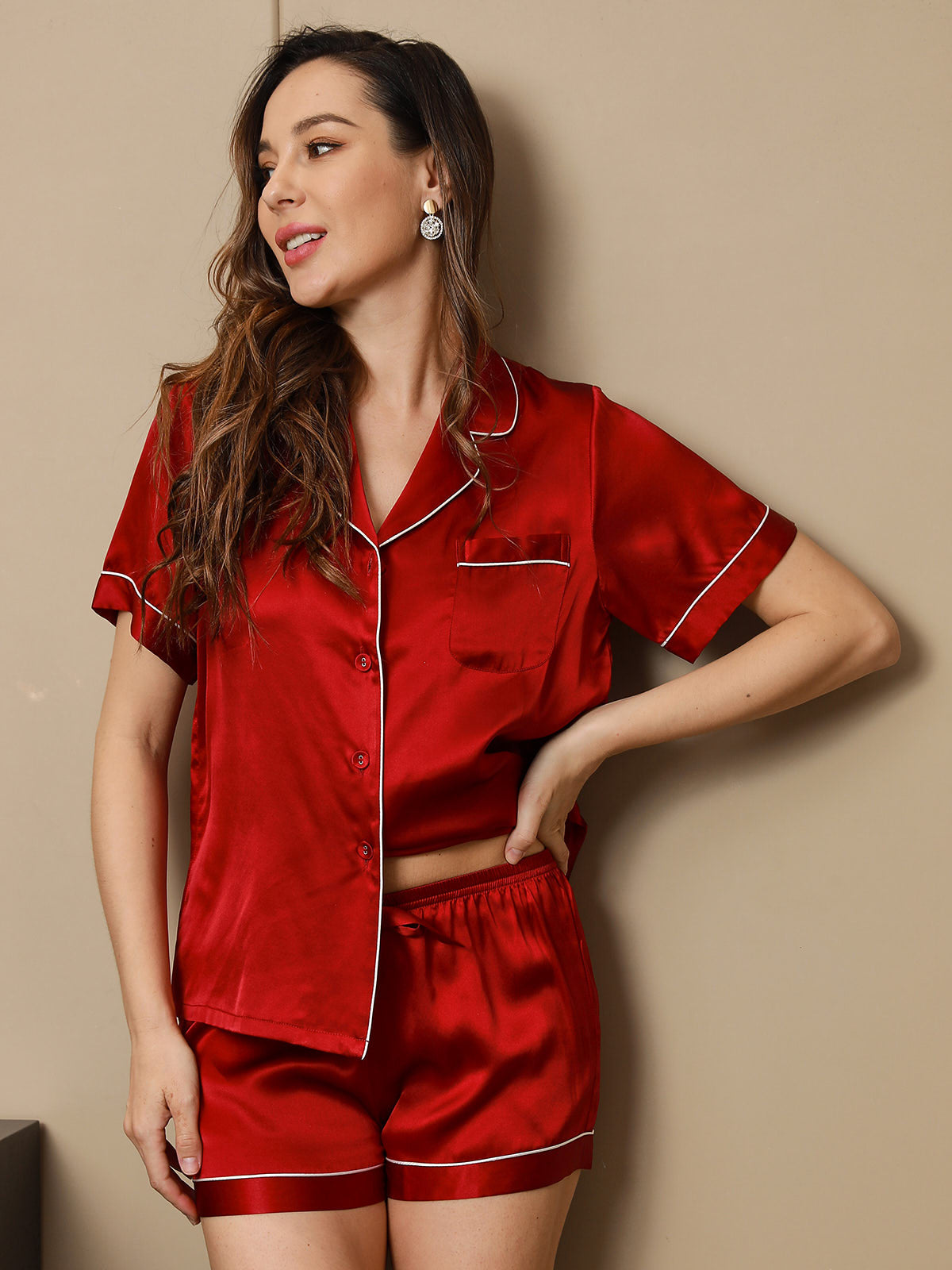 [Viini] SilkSilky-FI Pure Silk Short Sleeve Lapel Naisten Pyjamat 005