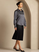 [Tumman Harmaa] SilkSilky-FI Long Sleeve Lapel Collar Naisten paita 004