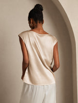 [Beige] SilkSilky-FI Cap Sleeve Round Neck Naisten T-paita 002