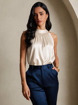 [Beige] SilkSilky-FI Sleeveless Halterneck Naisten T-paita 001