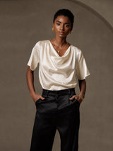 [Beige] SilkSilky-FI Short Sleeve Cowl Neck Naisten Puserot 003