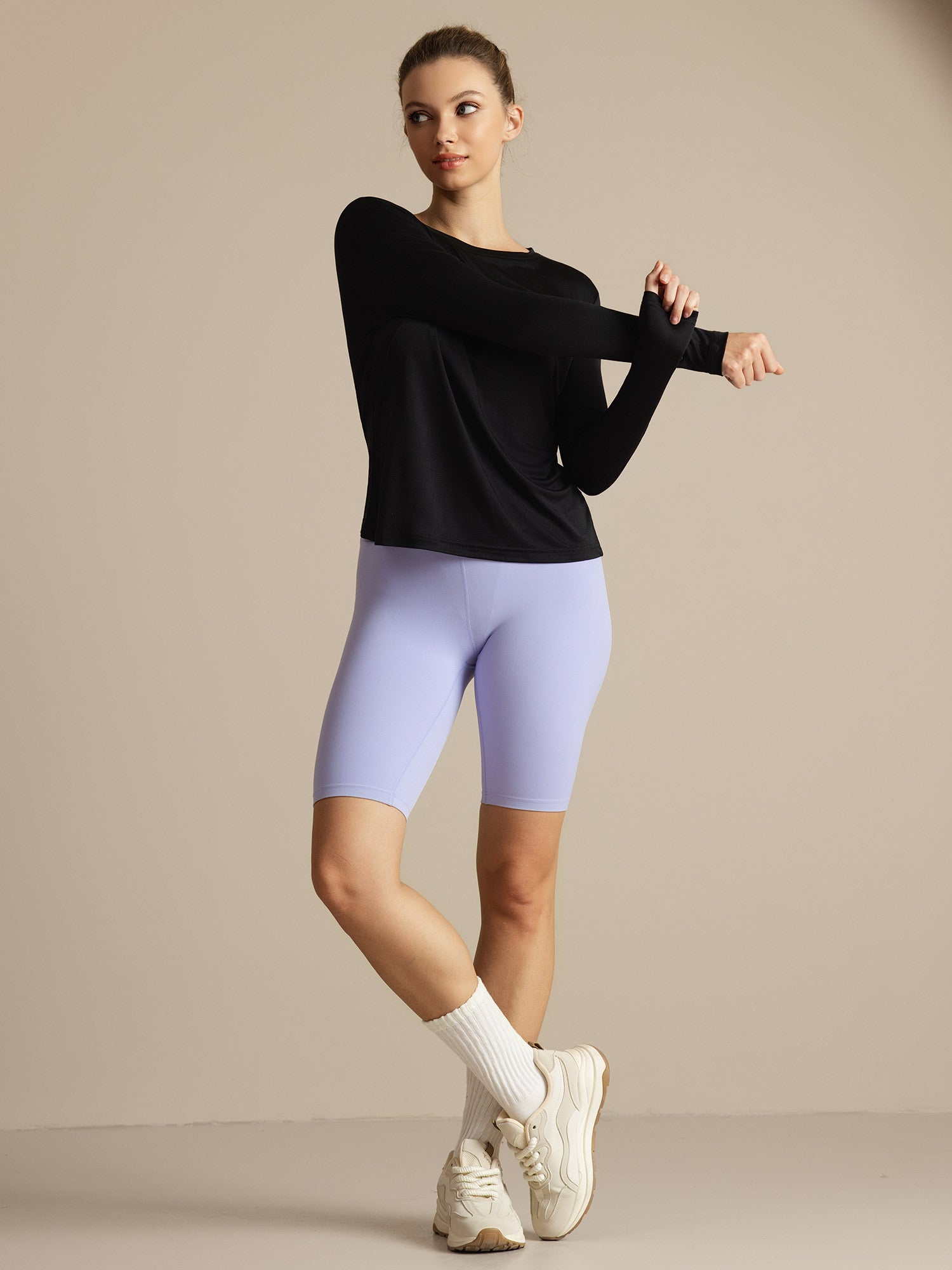[Musta] SilkSilky-FI Pitkähihainen Tiukka Crew Neck Naisten T-paita 007