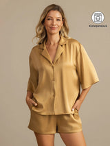 [Tan] SilkSilky-FI 19Momme Puolihiha Notkokaulus Naisten Pyjamat 001