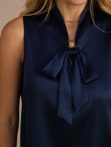 [Tummansininen] SilkSilky-FI Sleeveless Tie Neck Camisole Top 007