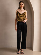 [Ruskea] SilkSilky-FI Spaghetti Strap Cowl Neck Camisole Top 006