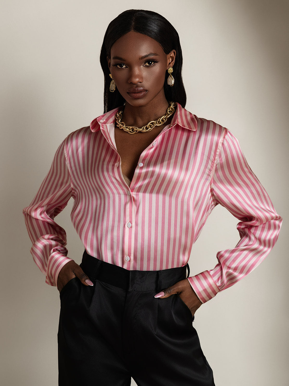[Pinkki] SilkSilky-FI Lapel Collar Naisten paita 004