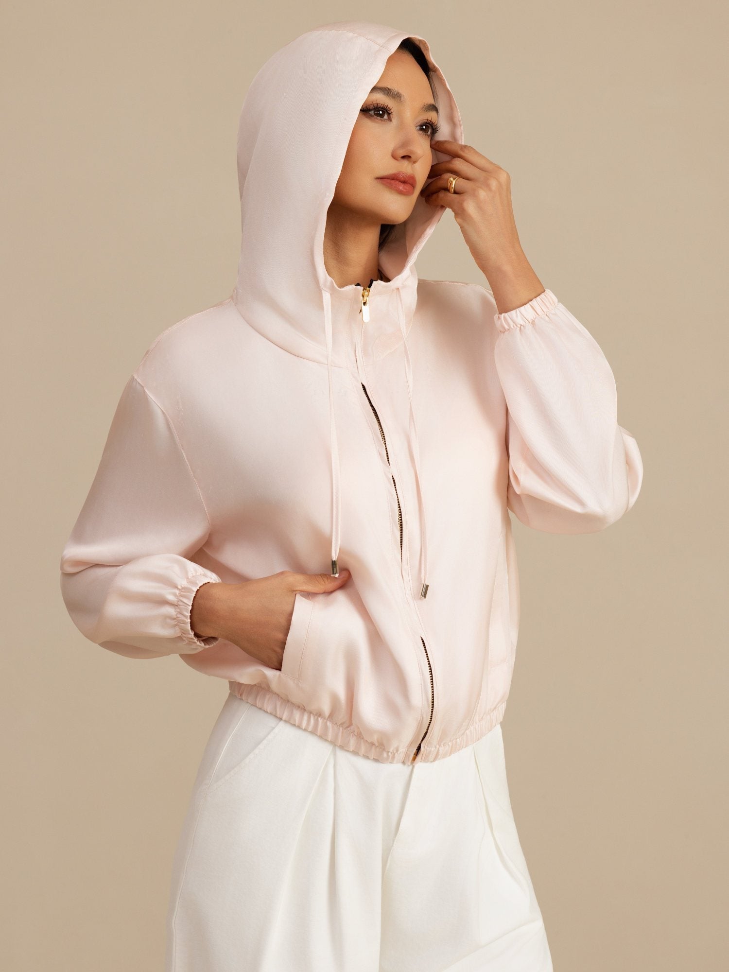 [Pinkki] SilkSilky-FI 18Momme Pitkähihainen Pystykaulus Naisten Päällysvaatteet 001