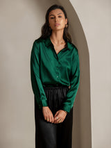 [Tummanvihreä] SilkSilky-FI Long Sleeve Lapel Collar Naisten paita 001
