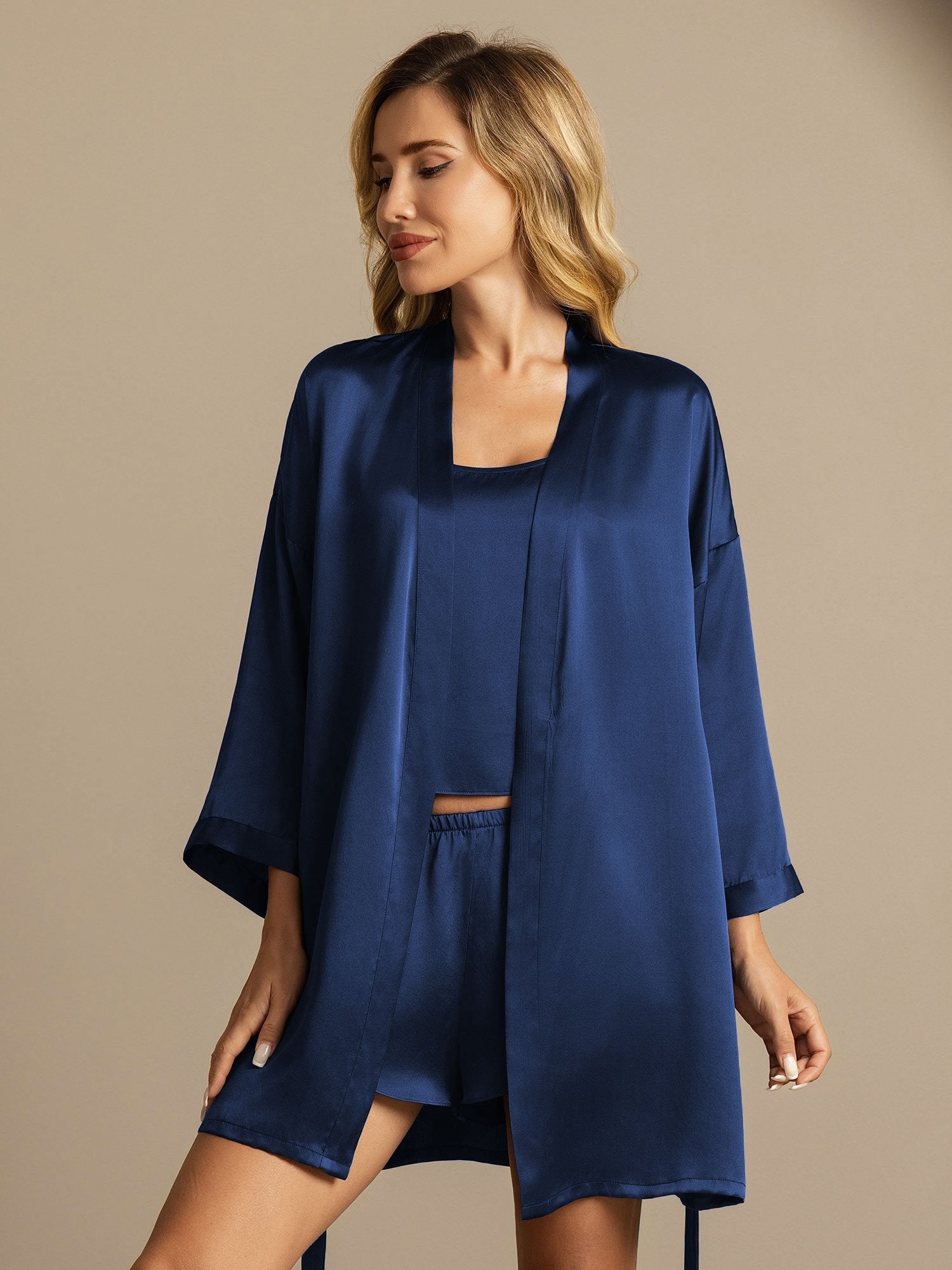 [Tummansininen] SilkSilky-FI Nightgown&Robe Set 007,