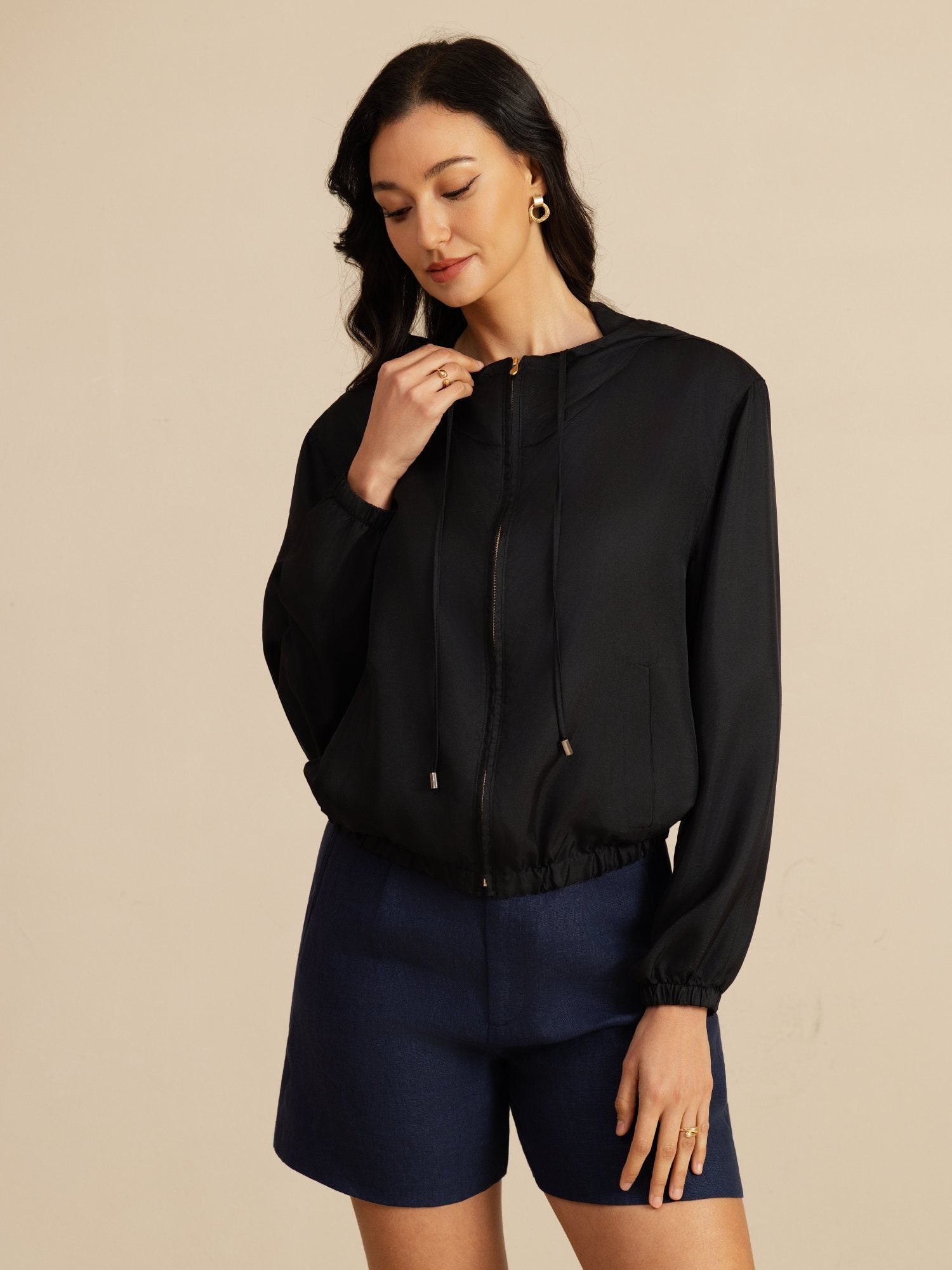 [Musta] SilkSilky-FI 18Momme Pitkähihainen Pystykaulus Naisten Päällysvaatteet 004