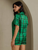 [Vihreä Ruudullinen] SilkSilky-FI Short Sleeve Notch Collar Naisten Pyjamat 002