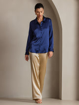 [Tummansininen] SilkSilky-FI Long Sleeve Lapel Collar Naisten paita 005