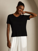 [Musta] SilkSilky-FI Short Sleeve V Neck Naisten T-paita 007
