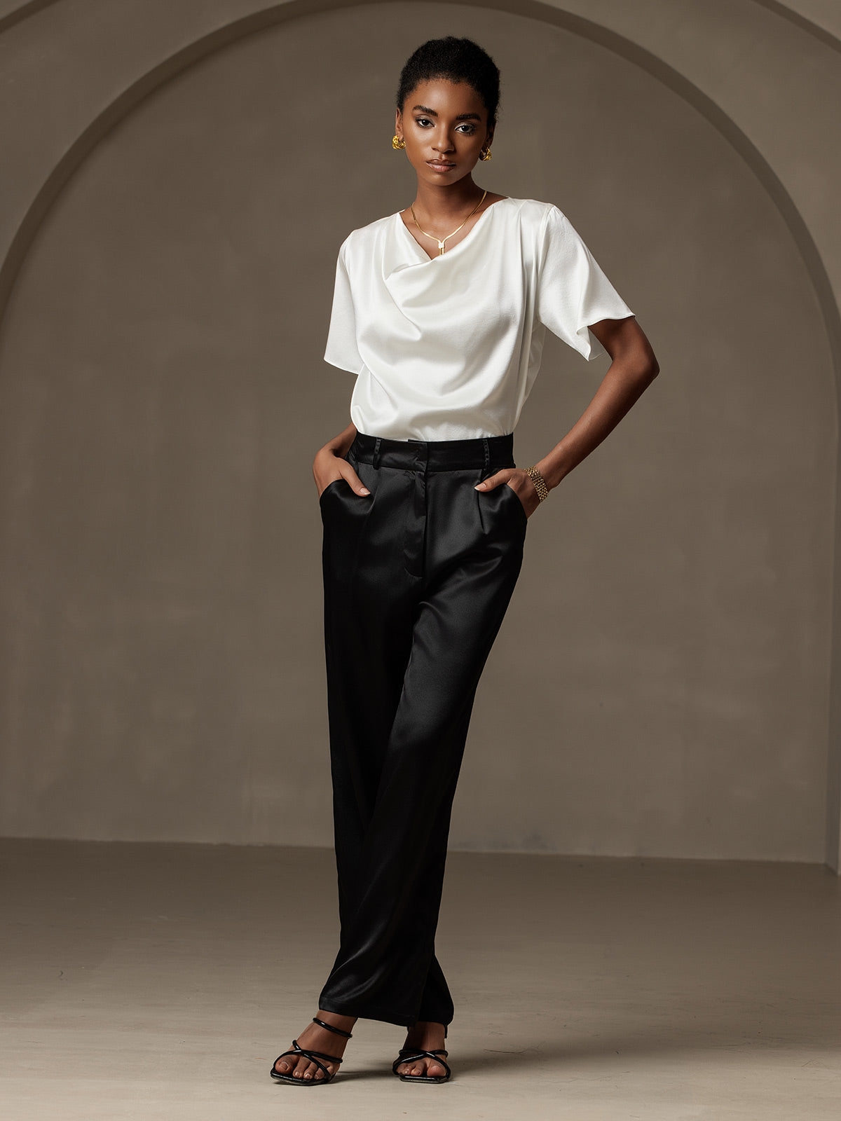 [Valkoinen] SilkSilky-FI 19Momme Womens T-Shirt 006