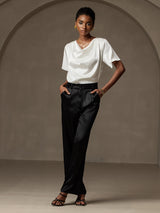 [Valkoinen] SilkSilky-FI Short Sleeve Cowl Neck Naisten Puserot 006