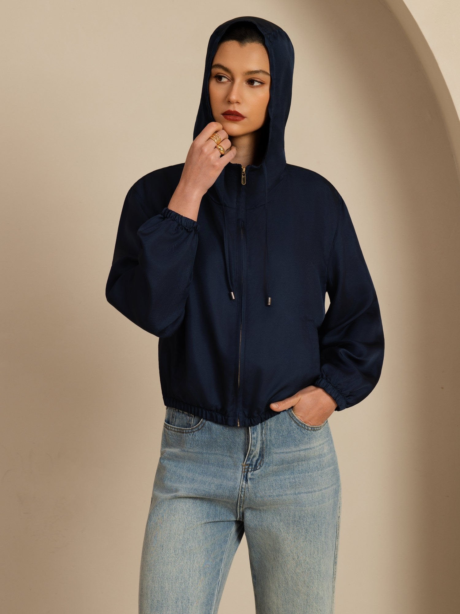 [Tummansininen] SilkSilky-FI 18Momme Pitkähihainen Pystykaulus Naisten Päällysvaatteet 004