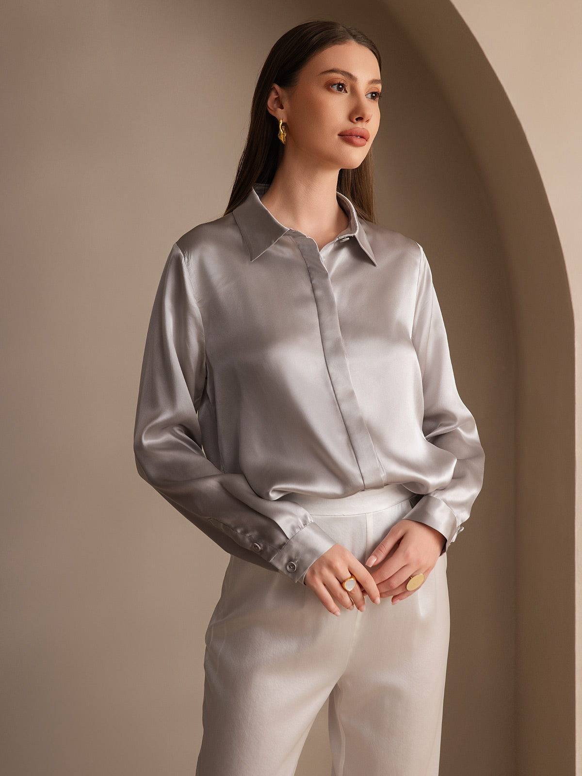 [Vaalean Harmaa] SilkSilky-FI 19Momme Lapel Collar Naisten paita 004