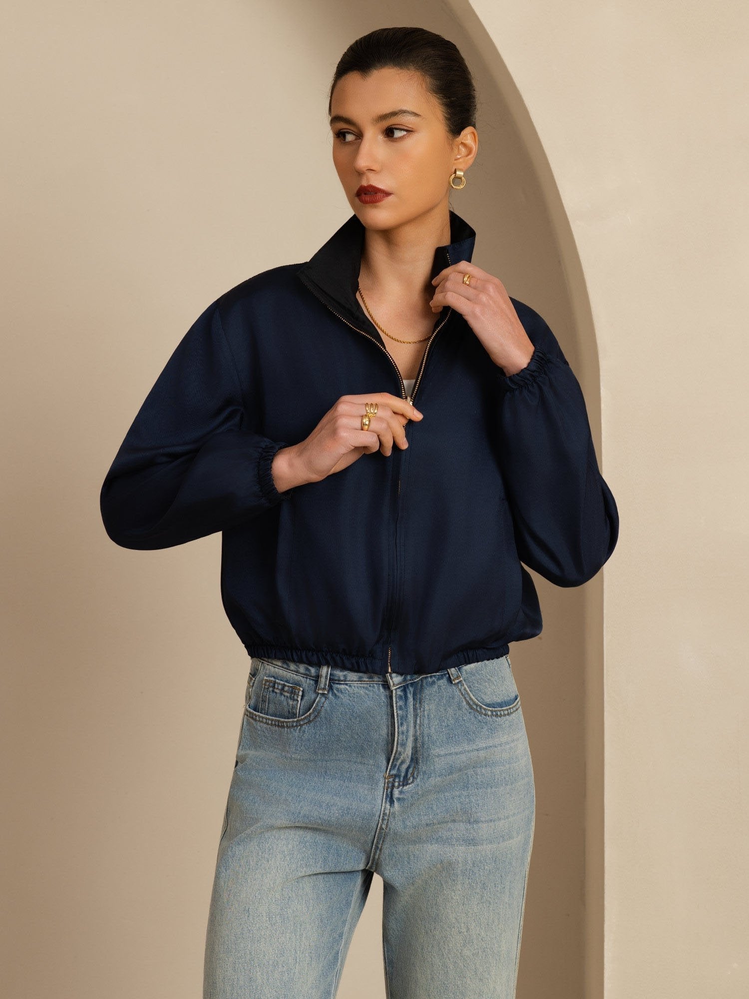 [Musta+Tummansininen] SilkSilky-FI 18Momme Pitkähihainen Pystykaulus Naisten Päällysvaatteet 002