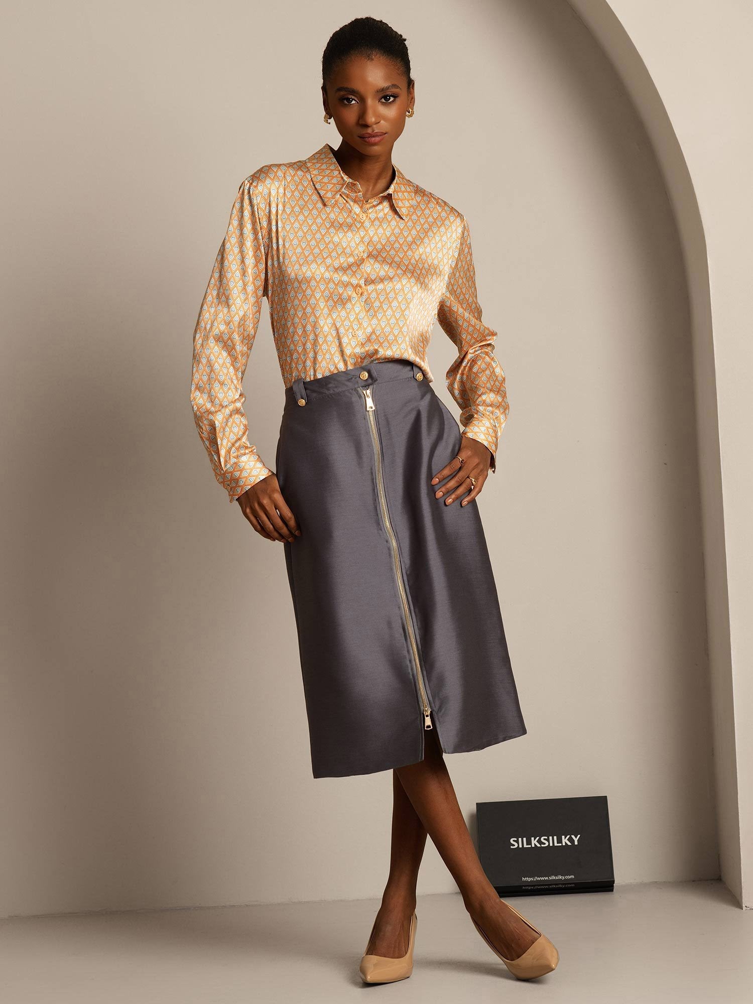 [Harmaa] SilkSilky-FI 32Momme Silk-Wool Blend Skirt 007,