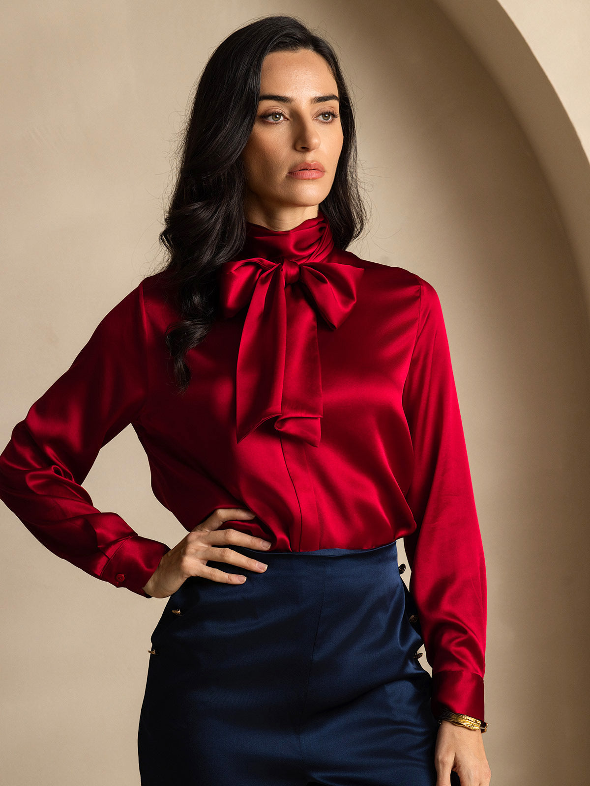 [Viini] SilkSilky-FI 19Momme Silk Long Sleeve Tie Neck Naisten paita 001