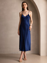 [Tummansininen] SilkSilky-FI Spaghetti Strap V Neck Mekko 003