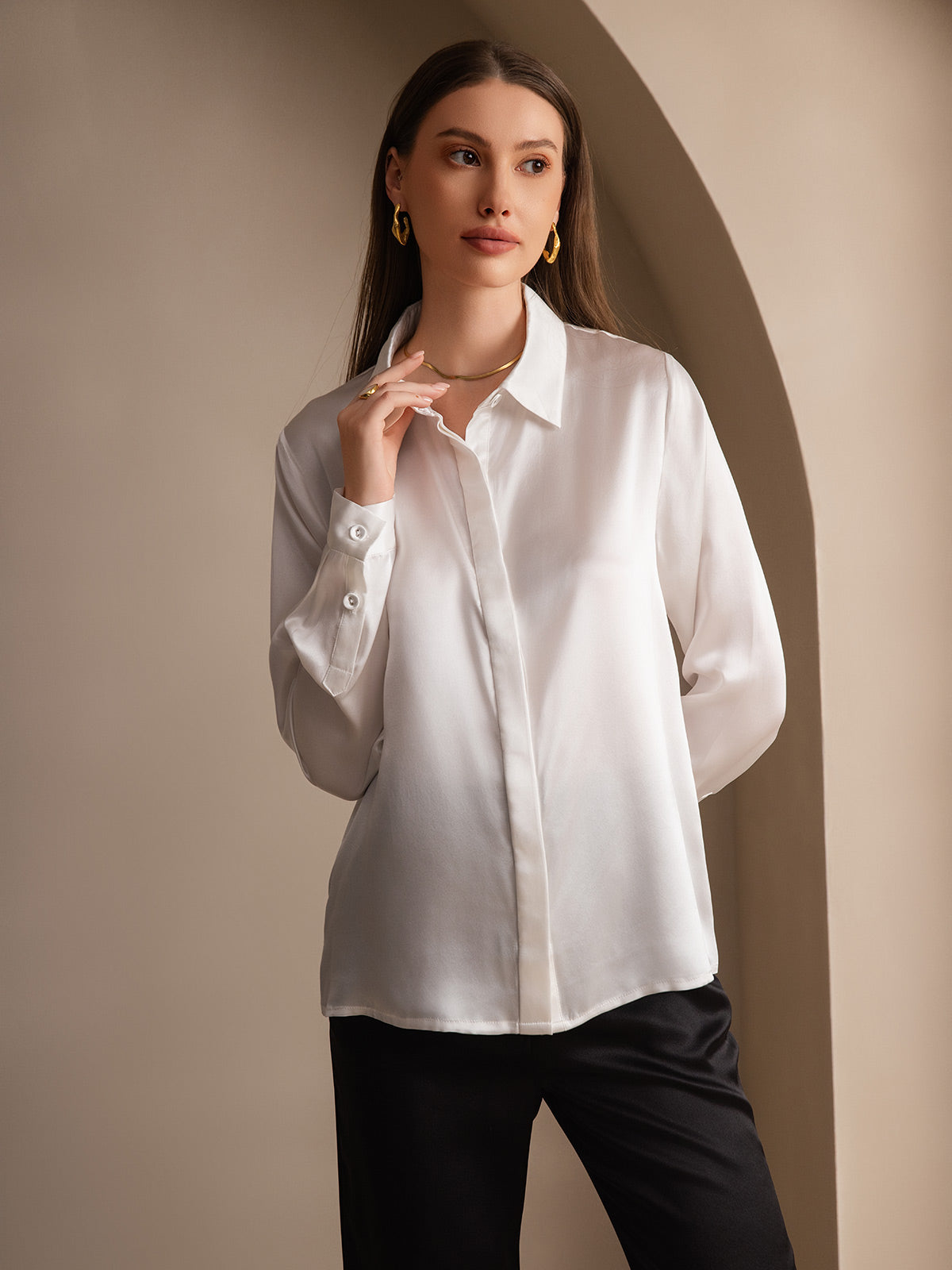 [Valkoinen] SilkSilky-FI 19Momme Lapel Collar Naisten paita 004