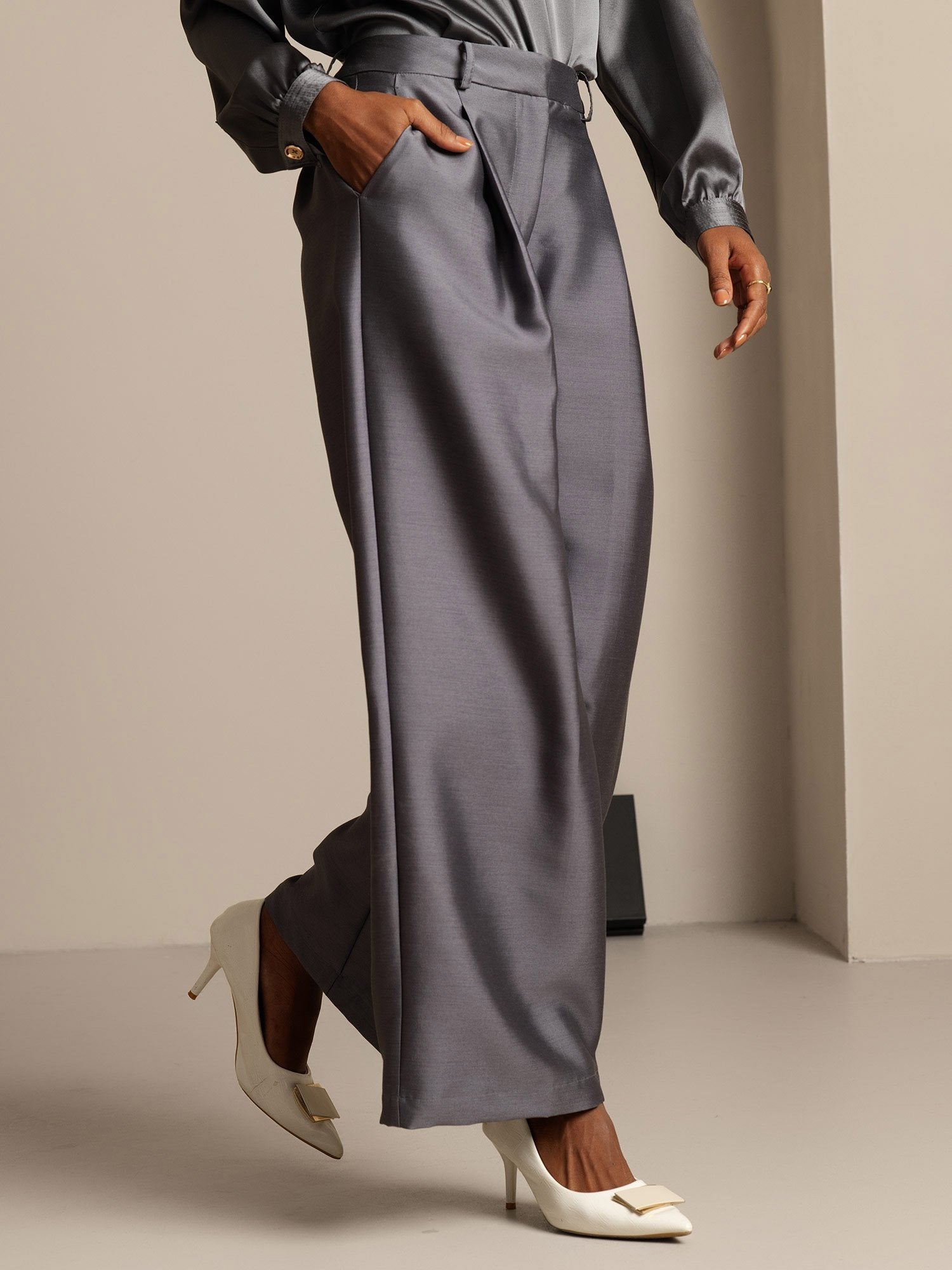 [Harmaa] SilkSilky-FI 32Momme Silk-Wool Blend Womens Pants 003,