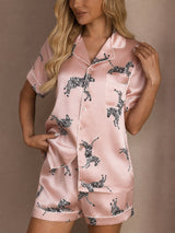 [Vaaleanpunainen Seepra] SilkSilky-FI Short Sleeve Lapel Collar Naisten Pyjamat 004