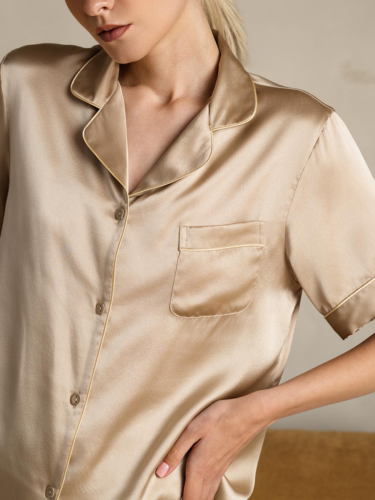 [Samppanja] SilkSilky-FI Pure Silk Short Sleeve Lapel Naisten Pyjamat 008