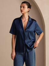 [Tummansininen] SilkSilky-FI Short Sleeve Notkokaulus Naisten paita 003
