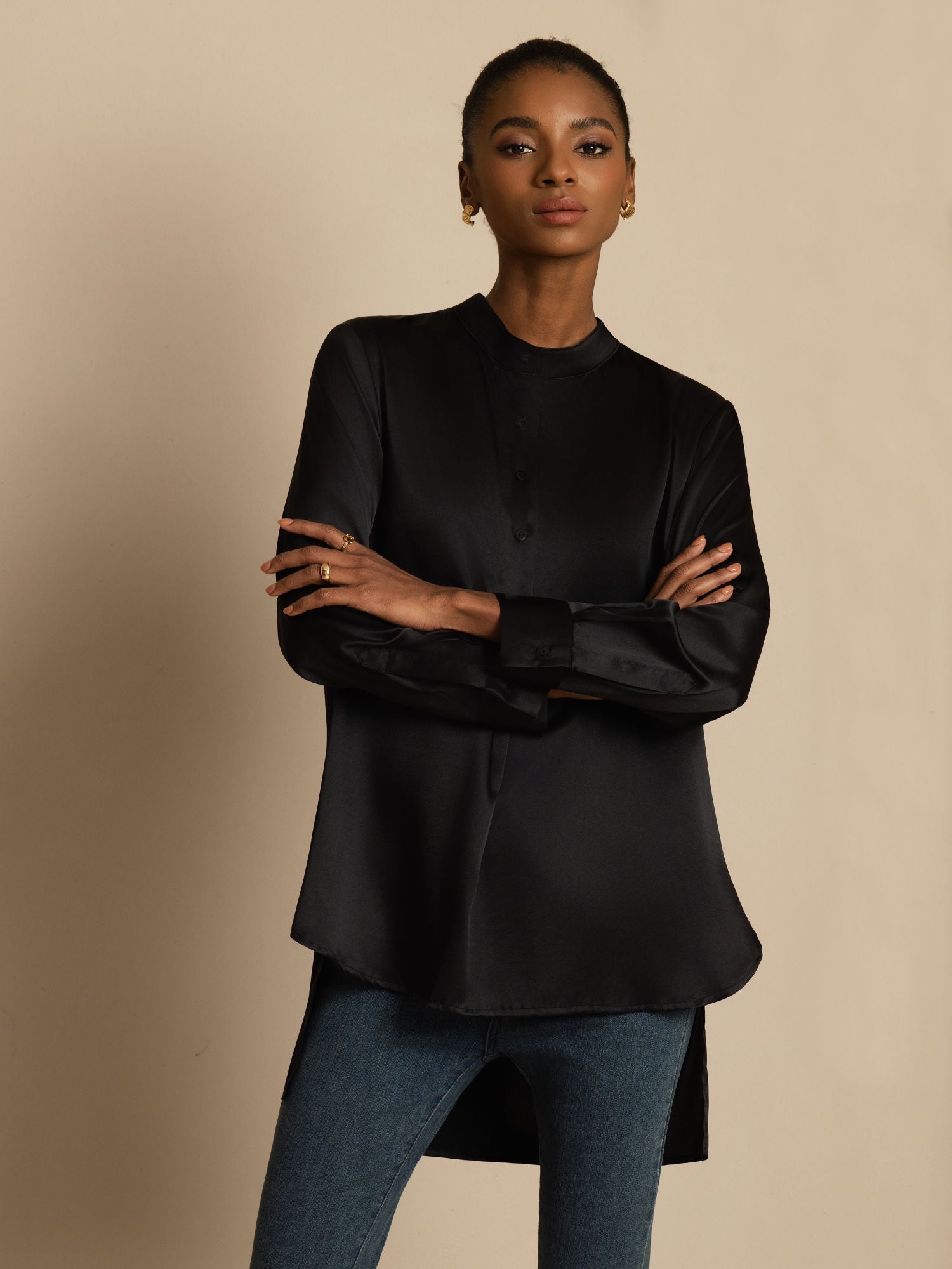 [Musta] SilkSilky-FI 19Momme Silkki Pitkähihainen Pystykaulus Pusero 004