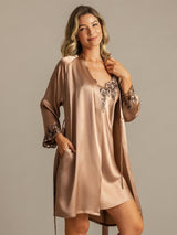 [Ruskea] SilkSilky-FI 3/4 Sleeve V Neck Yöpaita ja Aamutakkisetti 006