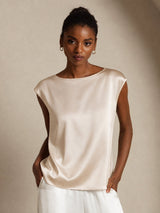 [Beige] SilkSilky-FI Cap Sleeve Round Neck Naisten T-paita 001