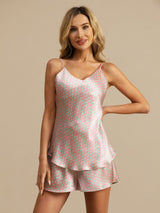 [Vaaleanpunainen Sydän Geo] SilkSilky-FI 19Momme Spagettihihna V Pääntie Camisole Setti 005