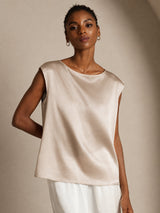 [Beige] SilkSilky-FI Cap Sleeve Round Neck Naisten T-paita 003