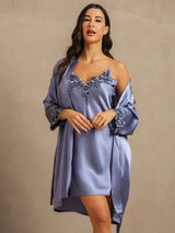 [Teräksensininen] SilkSilky-FI 3/4 Sleeve V Neck Yöpaita ja Aamutakkisetti 003