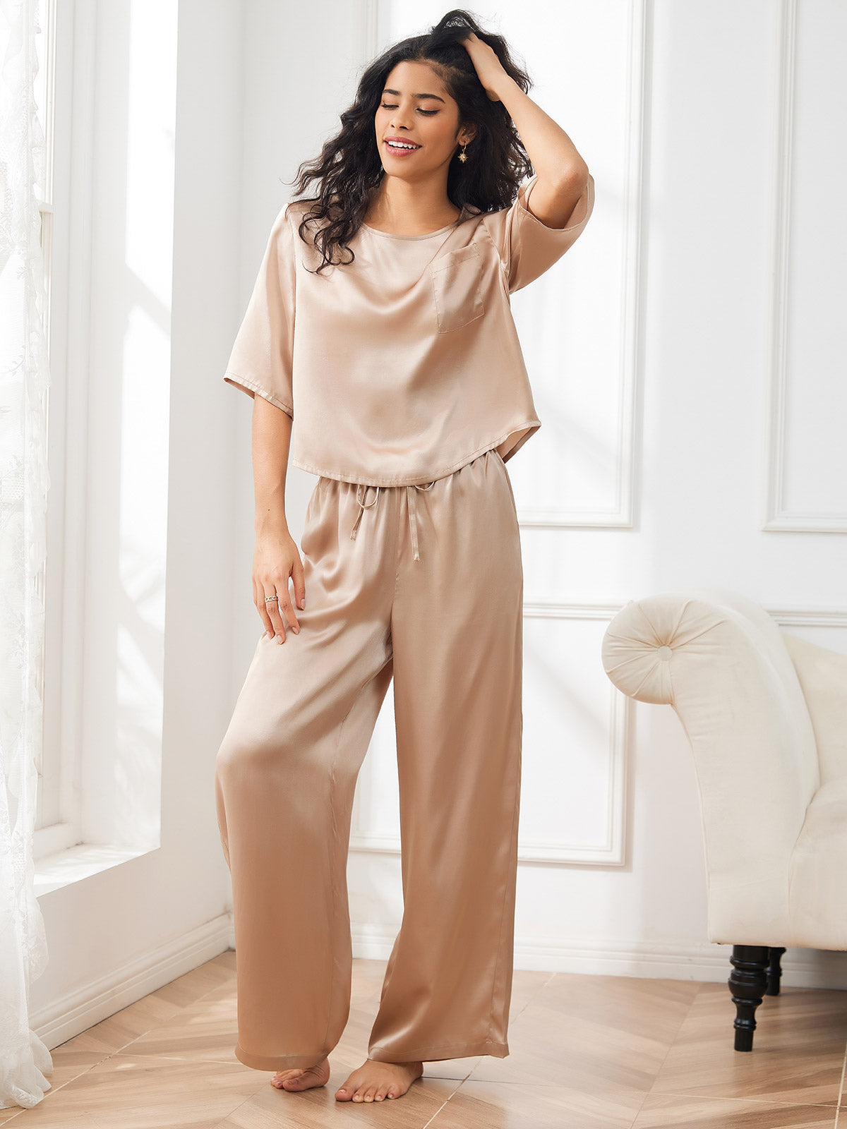 [Samppanja] SilkSilky-FI Half Sleeve Round Neck Naisten Pyjamat 001